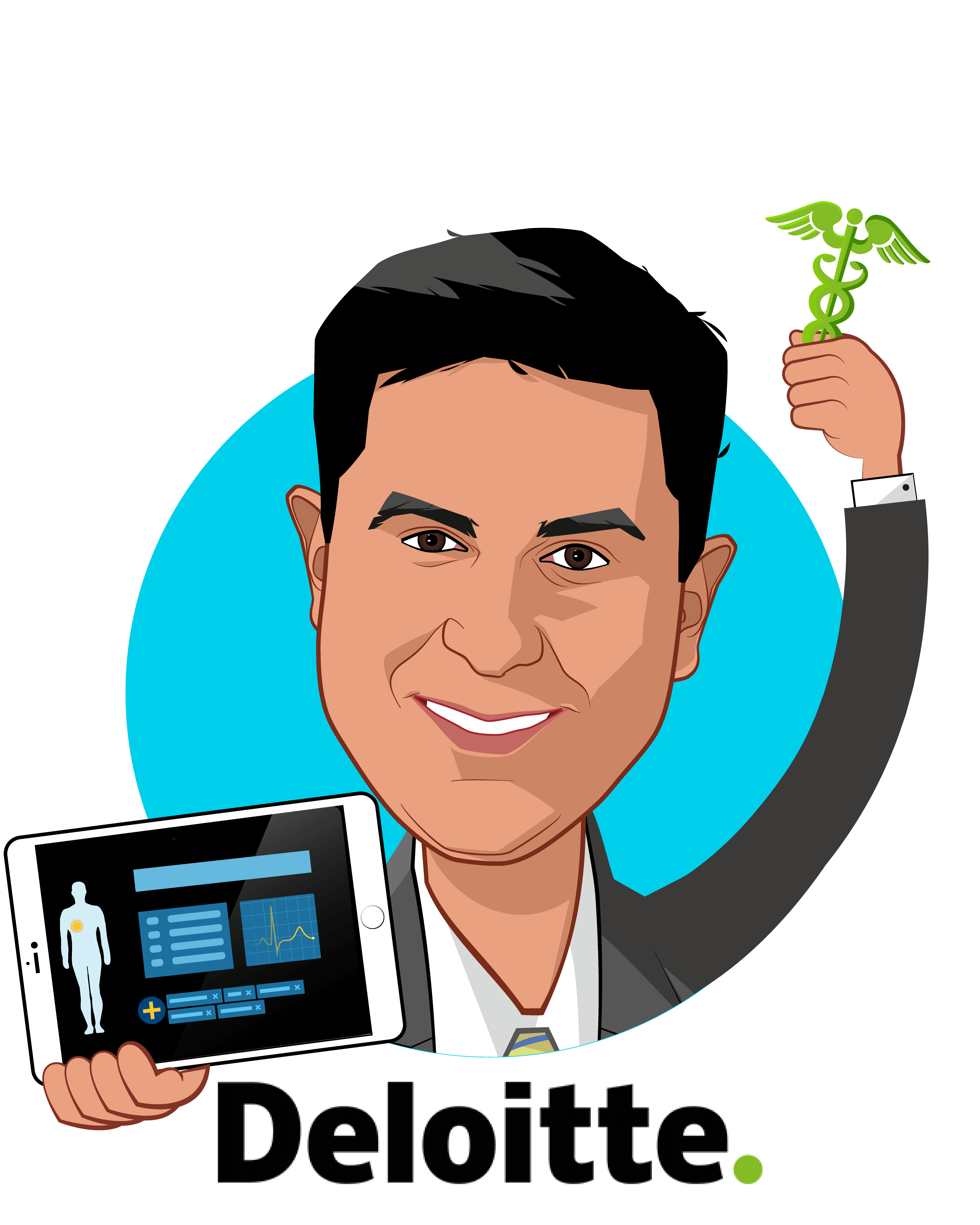 Overlay caricature of Peter Micca, who is speaking at HLTH and is Partner | Life Sciences & Health Care at Deloitte & Touche LLP