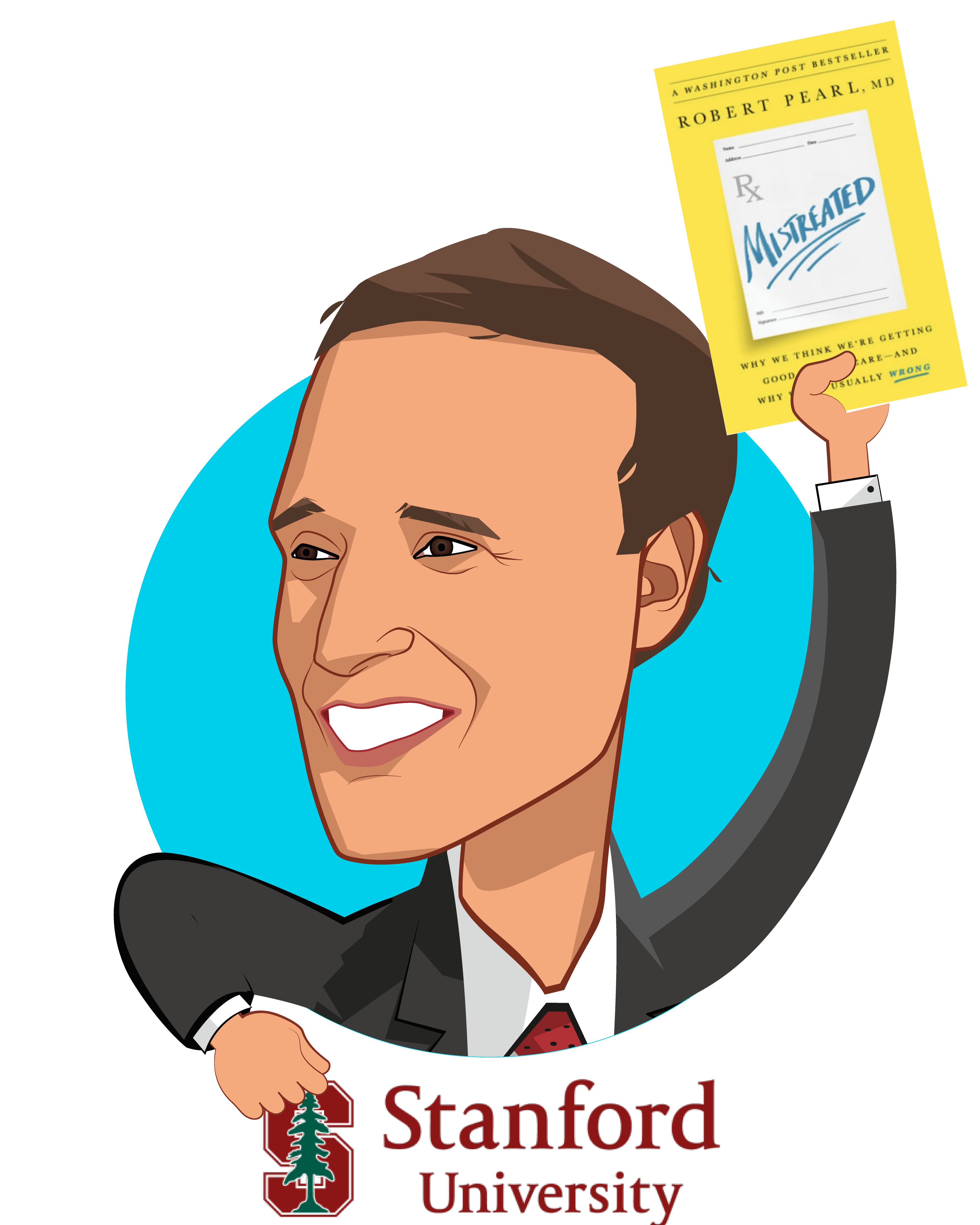 Overlay caricature of Robert Pearl, M.D., who is speaking at HLTH and is Professor Stanford Graduate School of Business and Medical School  at Stanford University