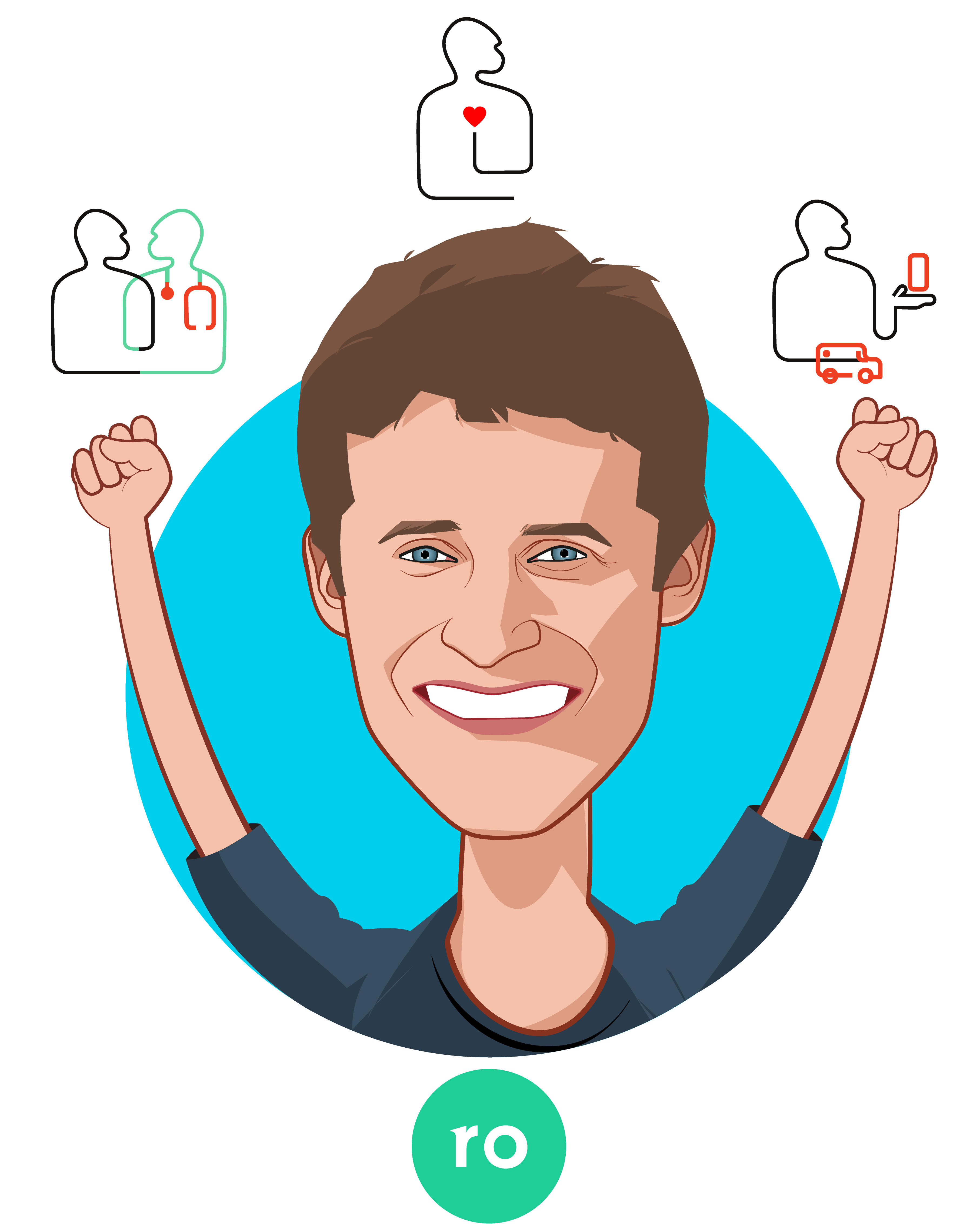 Overlay caricature of Zachariah Reitano, who is speaking at HLTH and is CEO and Co-Founder at Ro