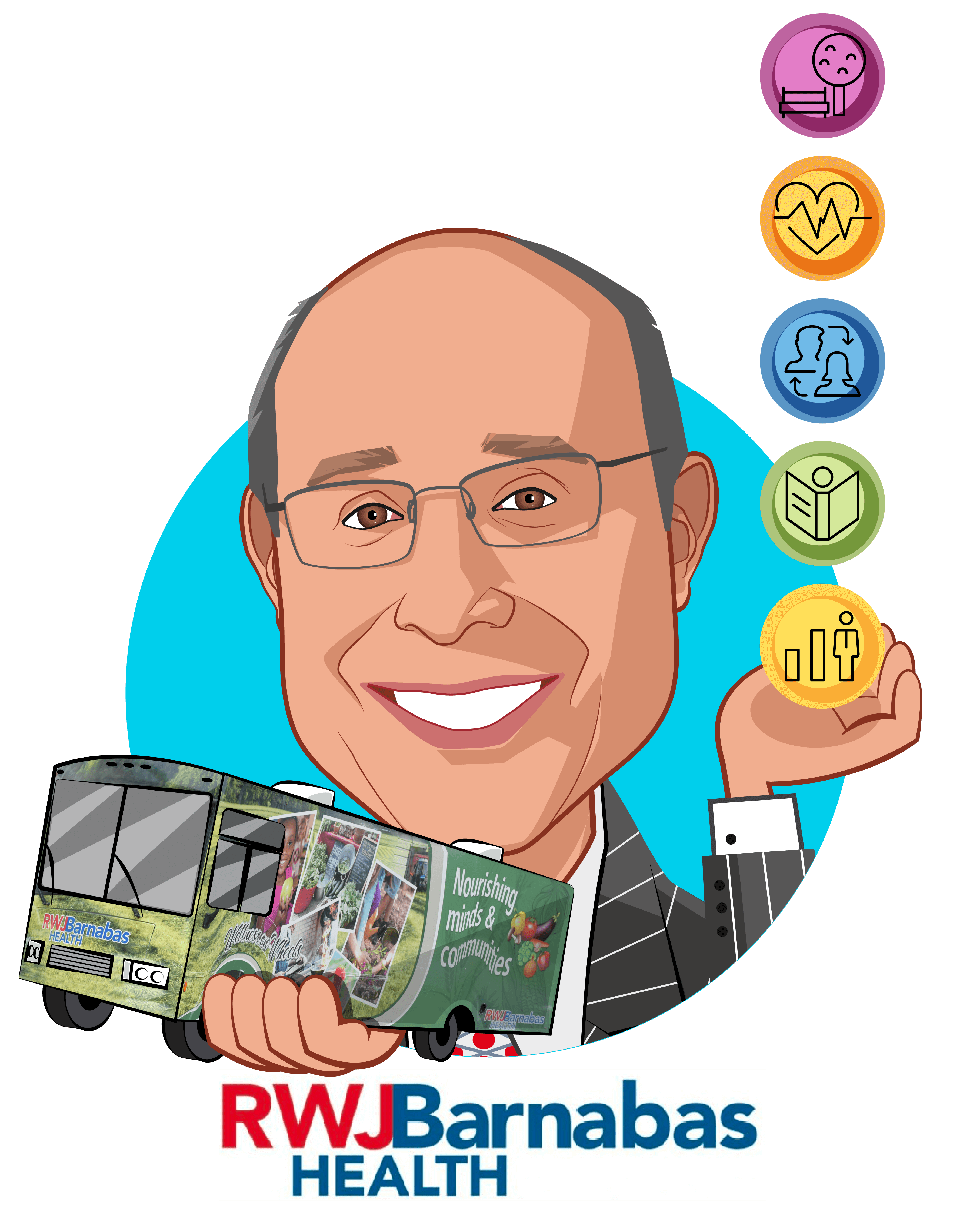 Overlay caricature of Barry H. Ostrowsky, who is speaking at HLTH and is President and Chief Executive Officer at RWJBarnabas Health