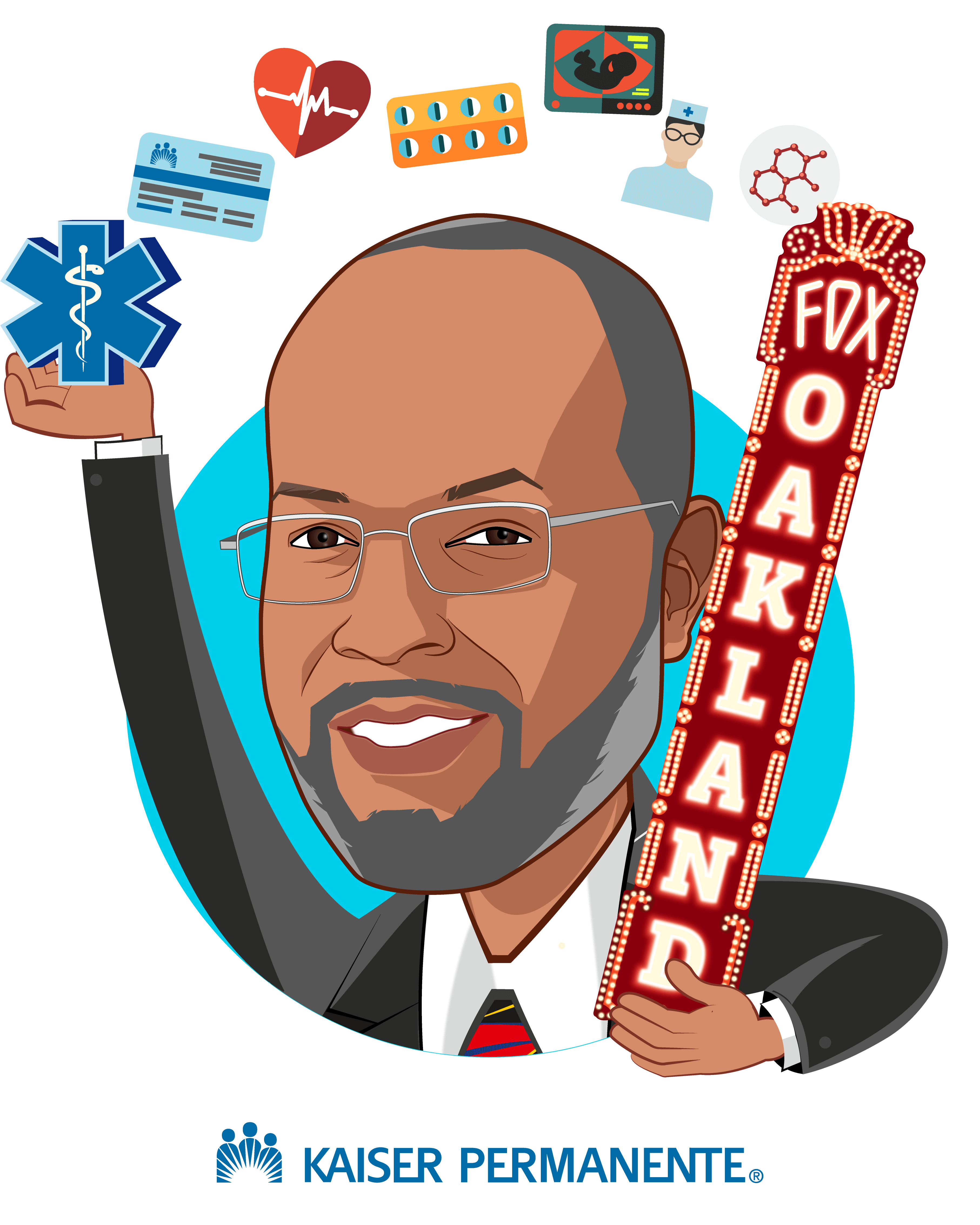 Overlay caricature of Bernard J. Tyson, who is speaking at HLTH and is Chairman and CEO at Kaiser Permanente