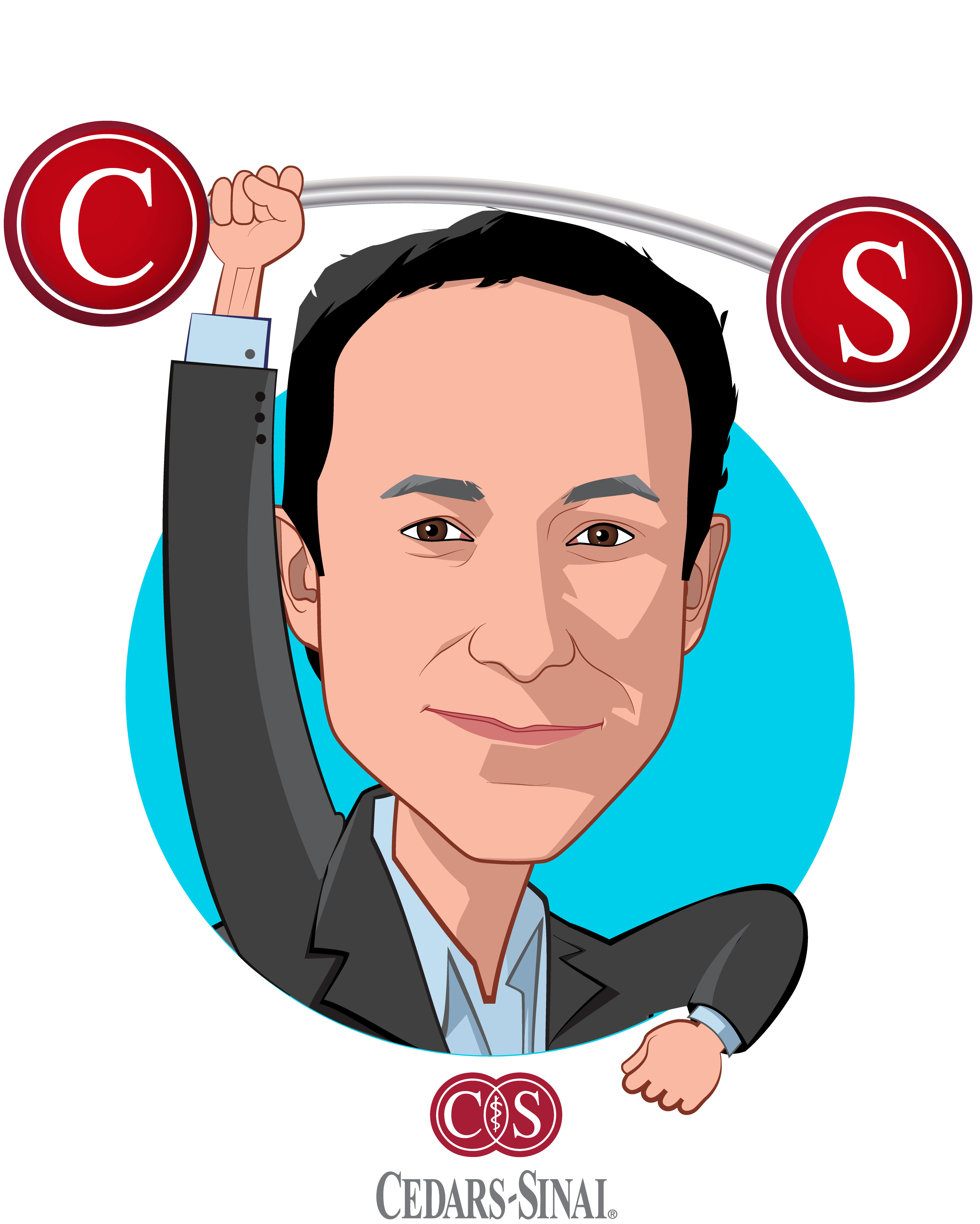 Overlay caricature of Darren Dworkin, who is speaking at HLTH and is Chief Information Officer at Cedars-Sinai Health System