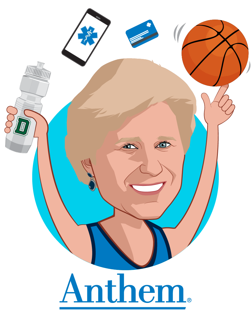 Overlay caricature of Gail K. Boudreaux, who is speaking at HLTH and is President and CEO at Anthem, Inc.