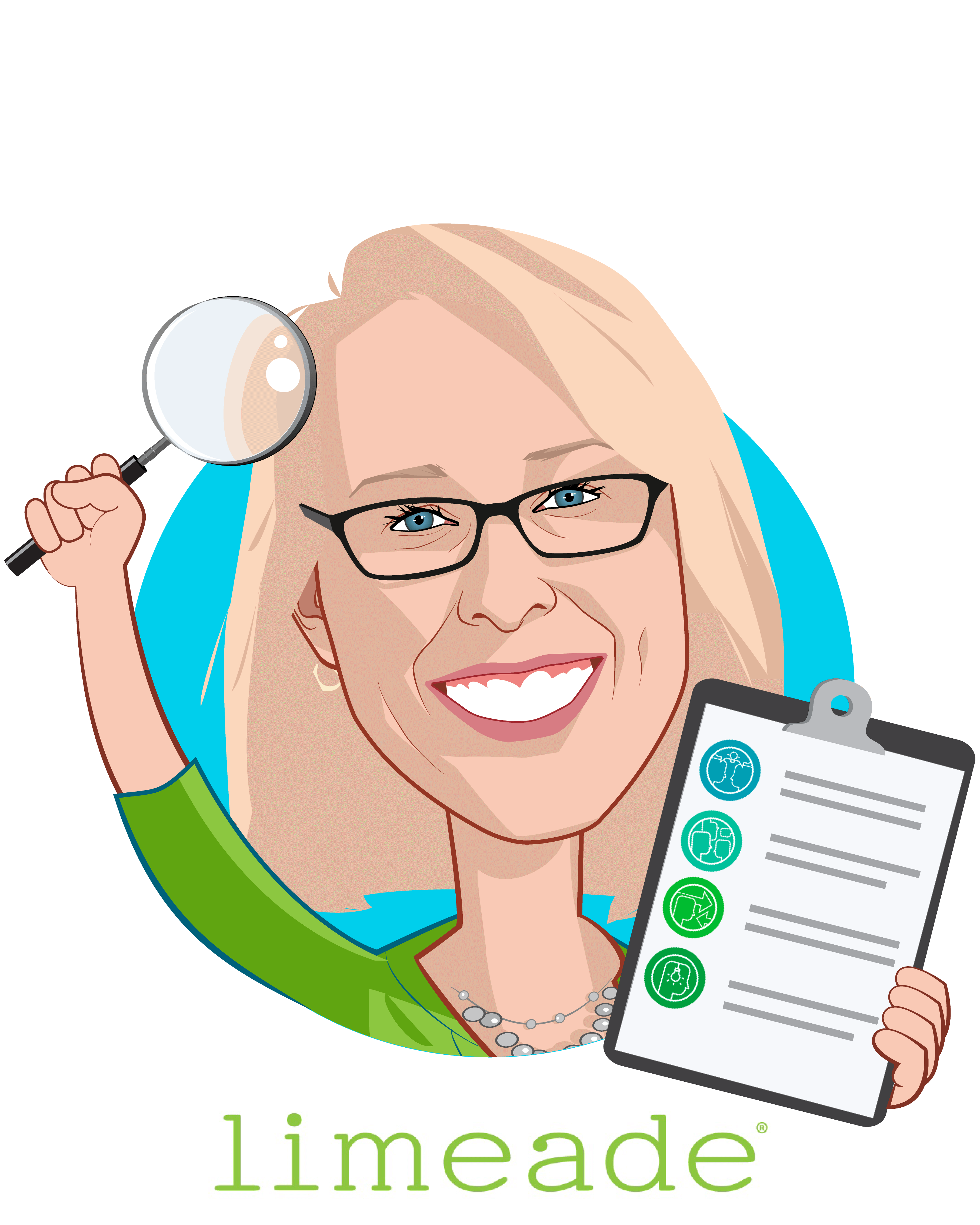 Overlay caricature of Laura Hamill, who is speaking at HLTH and is Chief People Officer, Chief Science Officer at Limeade