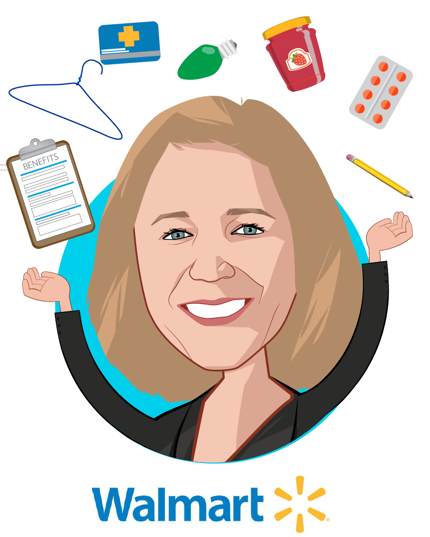 Overlay caricature of Lisa Woods, who is speaking at HLTH and is Senior Director, Strategy & Design U.S. Benefits at Walmart