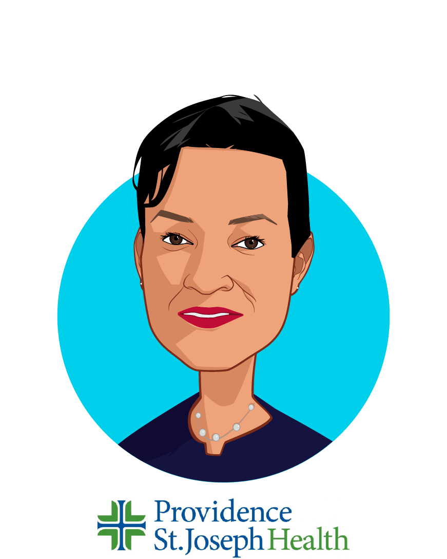 Main caricature of Dr. Rhonda Medows, who is speaking at HLTH and is President of Population Health, Providence St. Joseph Health at CEO, Ayin Health Solutions 