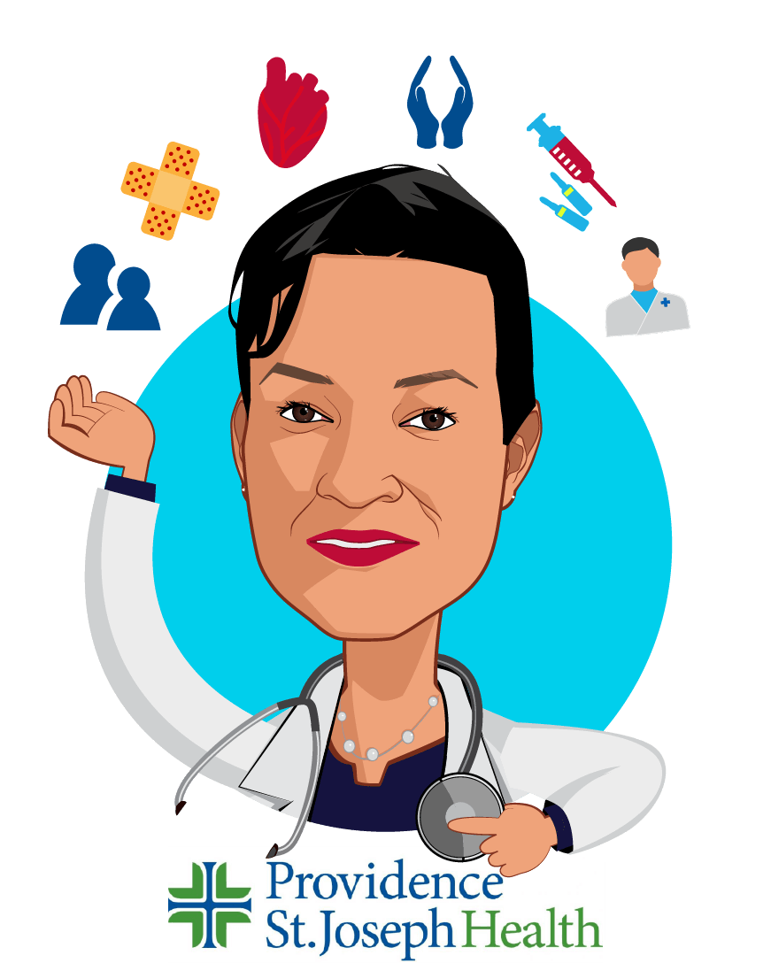 Overlay caricature of Dr. Rhonda Medows, who is speaking at HLTH and is President of Population Health, Providence St. Joseph Health at CEO, Ayin Health Solutions 