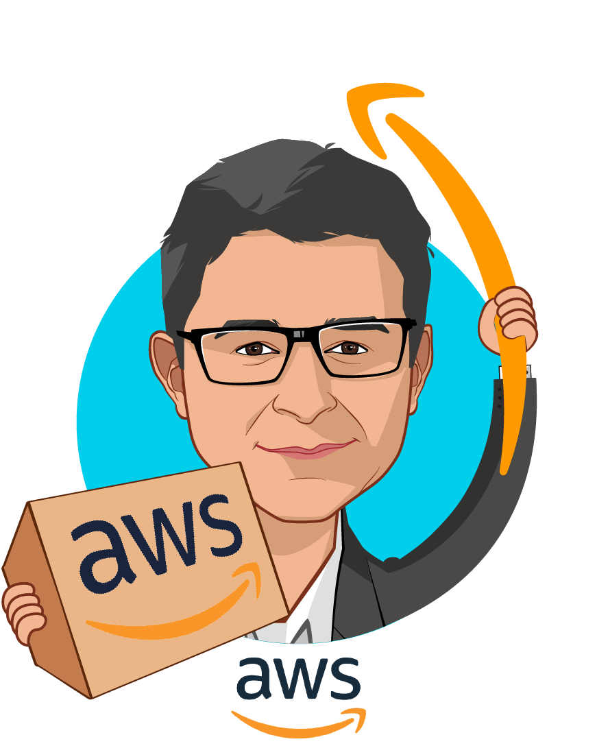Overlay caricature of Shez Partovi, MD, who is speaking at HLTH and is Worldwide Lead: Healthcare, Life Sciences, Genomics at Amazon Web Services