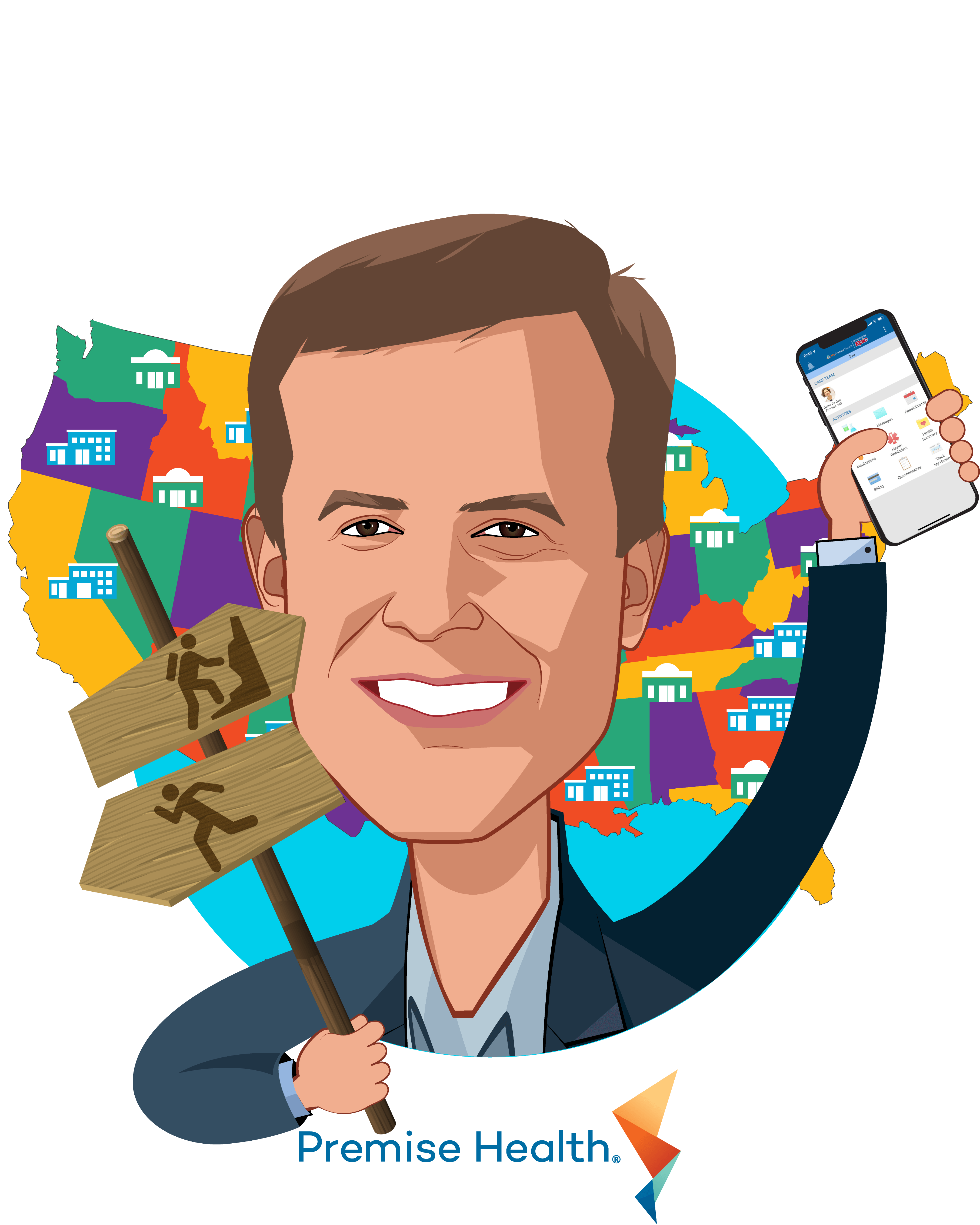 Overlay caricature of Stu Clark, who is speaking at HLTH and is CEO at Premise Health