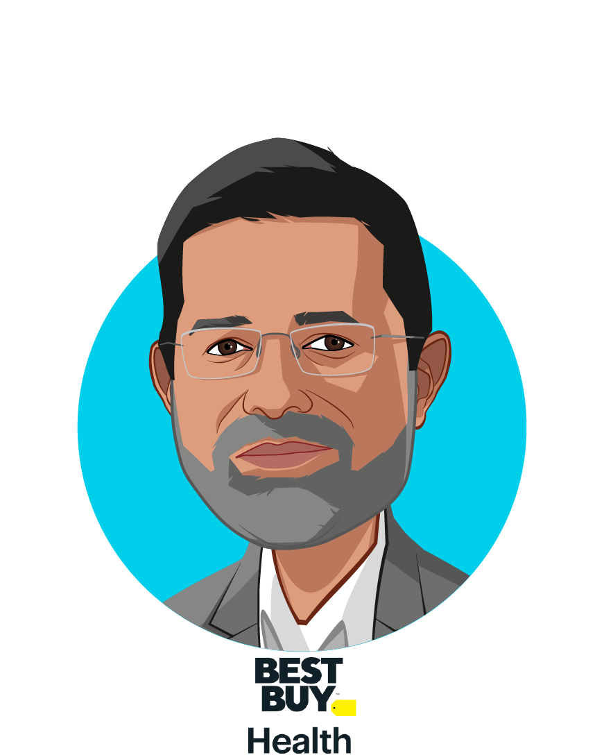 Main caricature of Asheesh Saksena, who is speaking at HLTH and is President, Best Buy Health at Best Buy