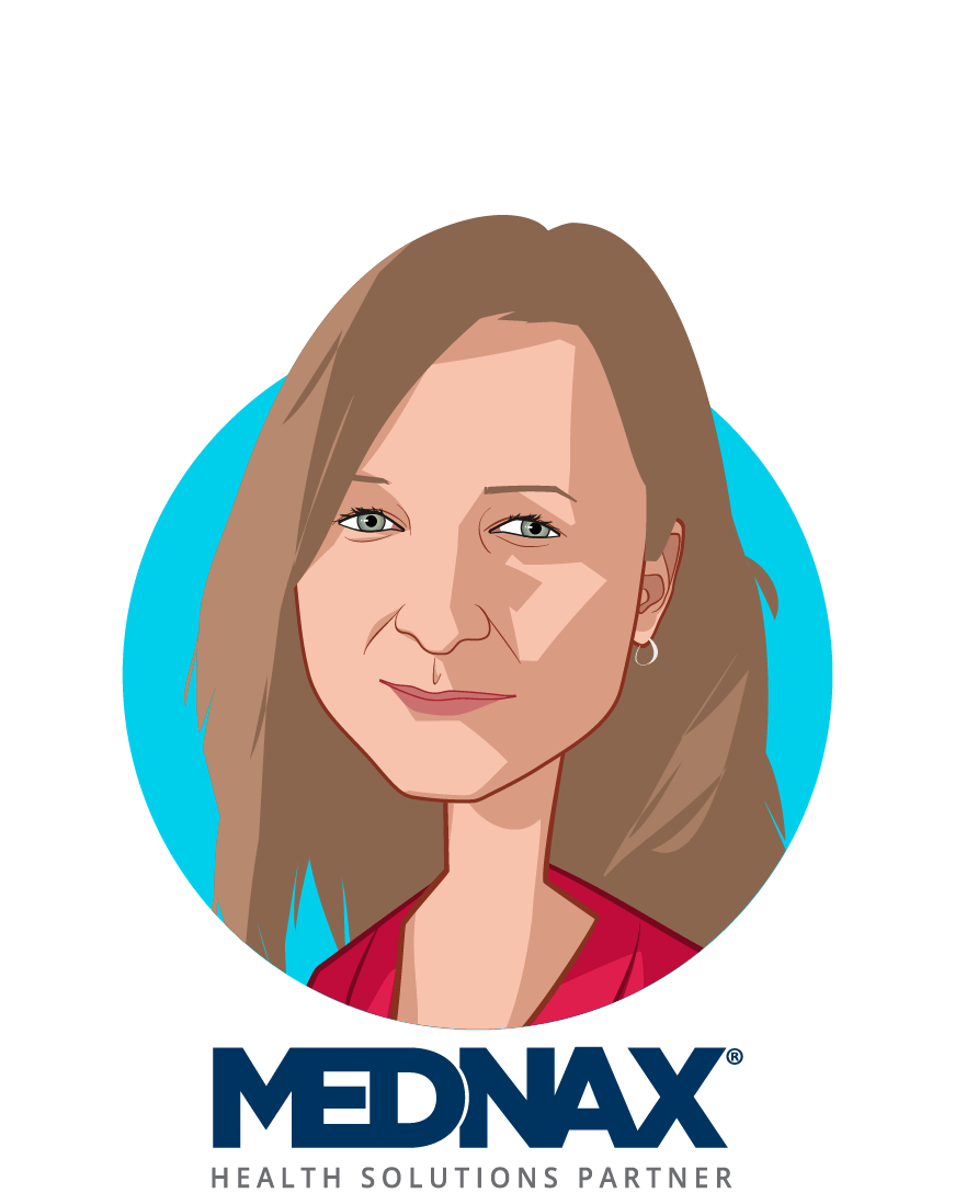 Main caricature of Ingrid Vasiliu-Feltes, MD, who is speaking at HLTH and is Chief Quality and Innovation Officer at MEDNAX