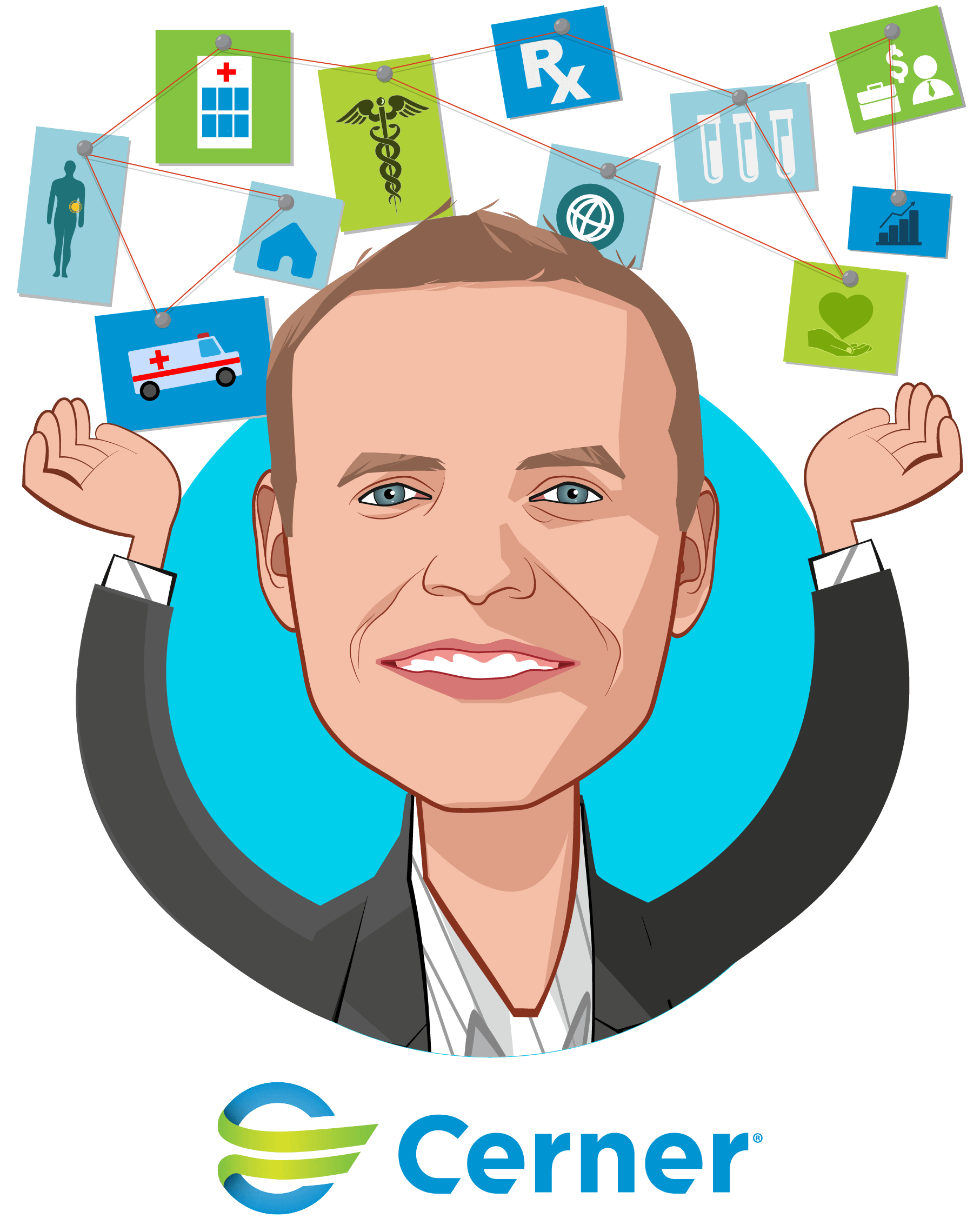 Overlay caricature of John Gresham, who is speaking at HLTH and is Senior Vice President at Cerner