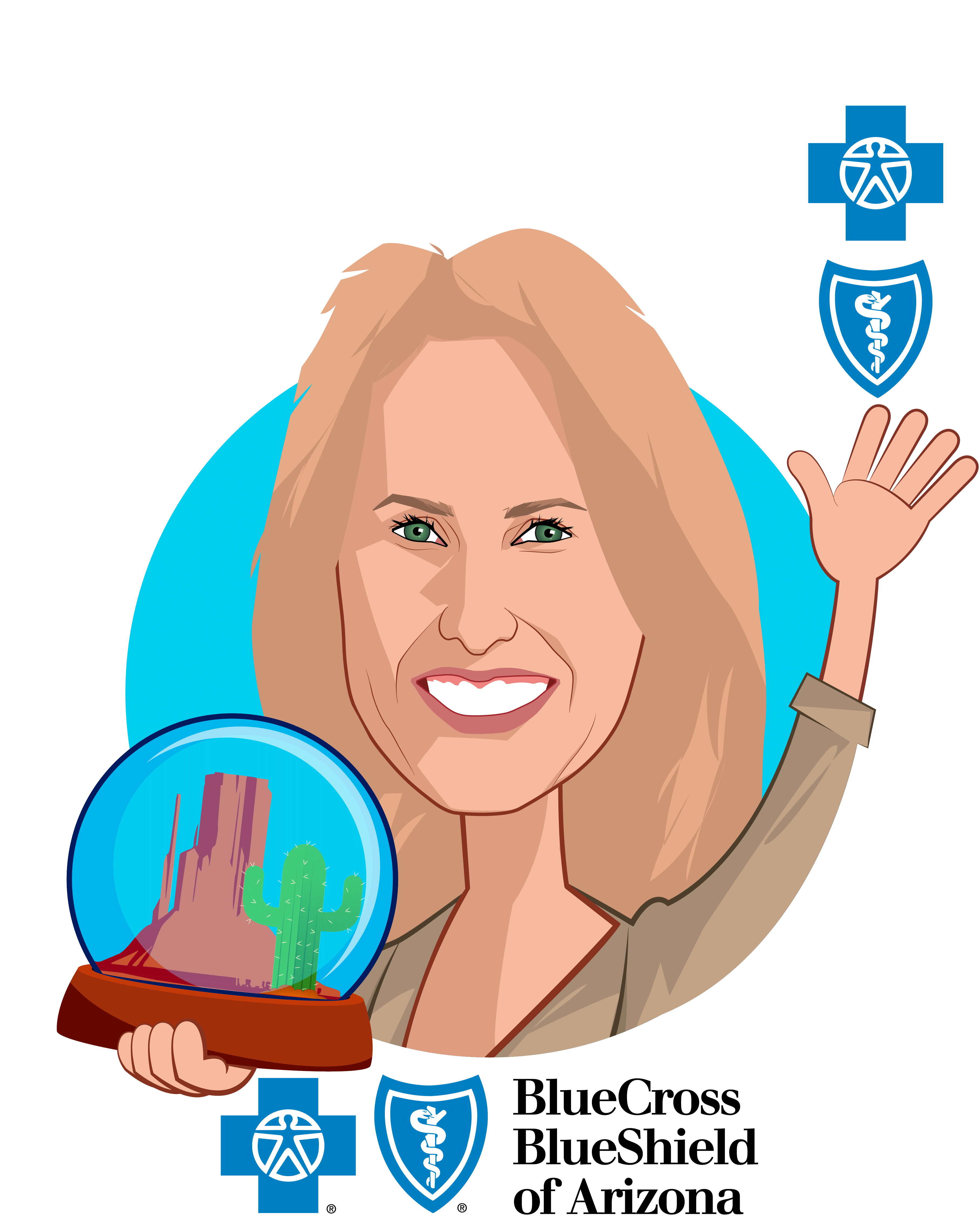 Overlay caricature of Pam Kehaly, who is speaking at HLTH and is President & CEO at Blue Cross Blue Shield of Arizona