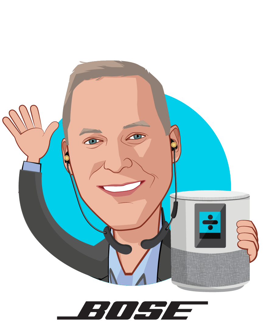 Overlay caricature of Phil Hess, who is speaking at HLTH and is CEO & President at Bose Corporation