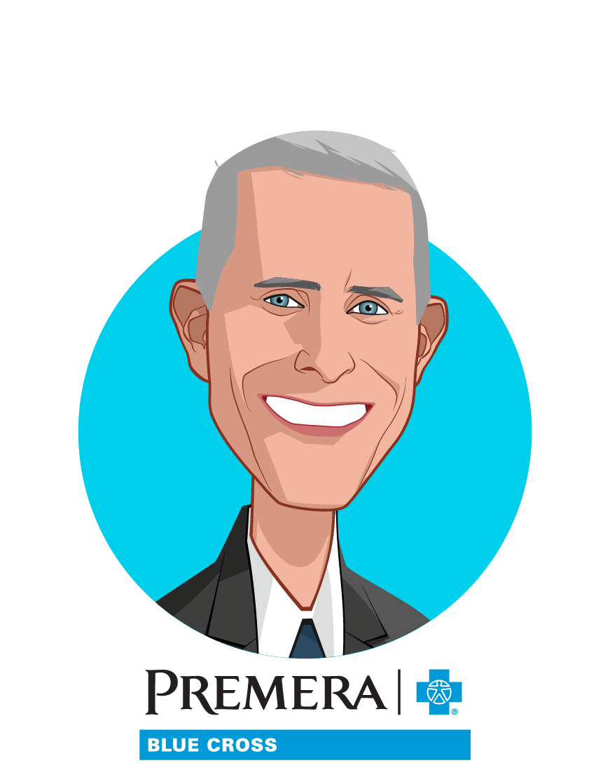 Main caricature of David Braza, who is speaking at HLTH and is Executive Vice President of Healthcare Informatics and Chief Actuary at Premera Blue Cross