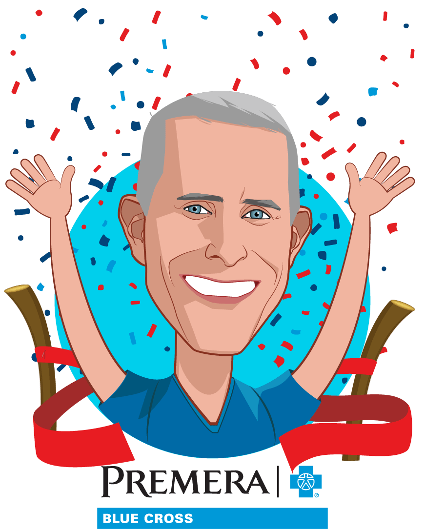 Overlay caricature of David Braza, who is speaking at HLTH and is Executive Vice President of Healthcare Informatics and Chief Actuary at Premera Blue Cross