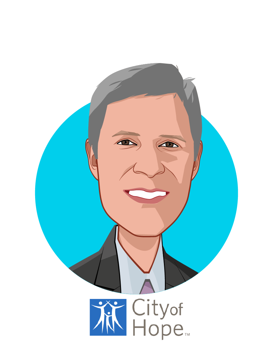 Main caricature of Harlan Levine, MD, who is speaking at HLTH and is President, Strategy & Business Ventures at City of Hope