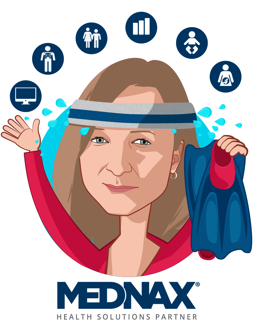 Overlay caricature of Ingrid Vasiliu-Feltes, MD, who is speaking at HLTH and is Chief Quality and Innovation Officer at MEDNAX