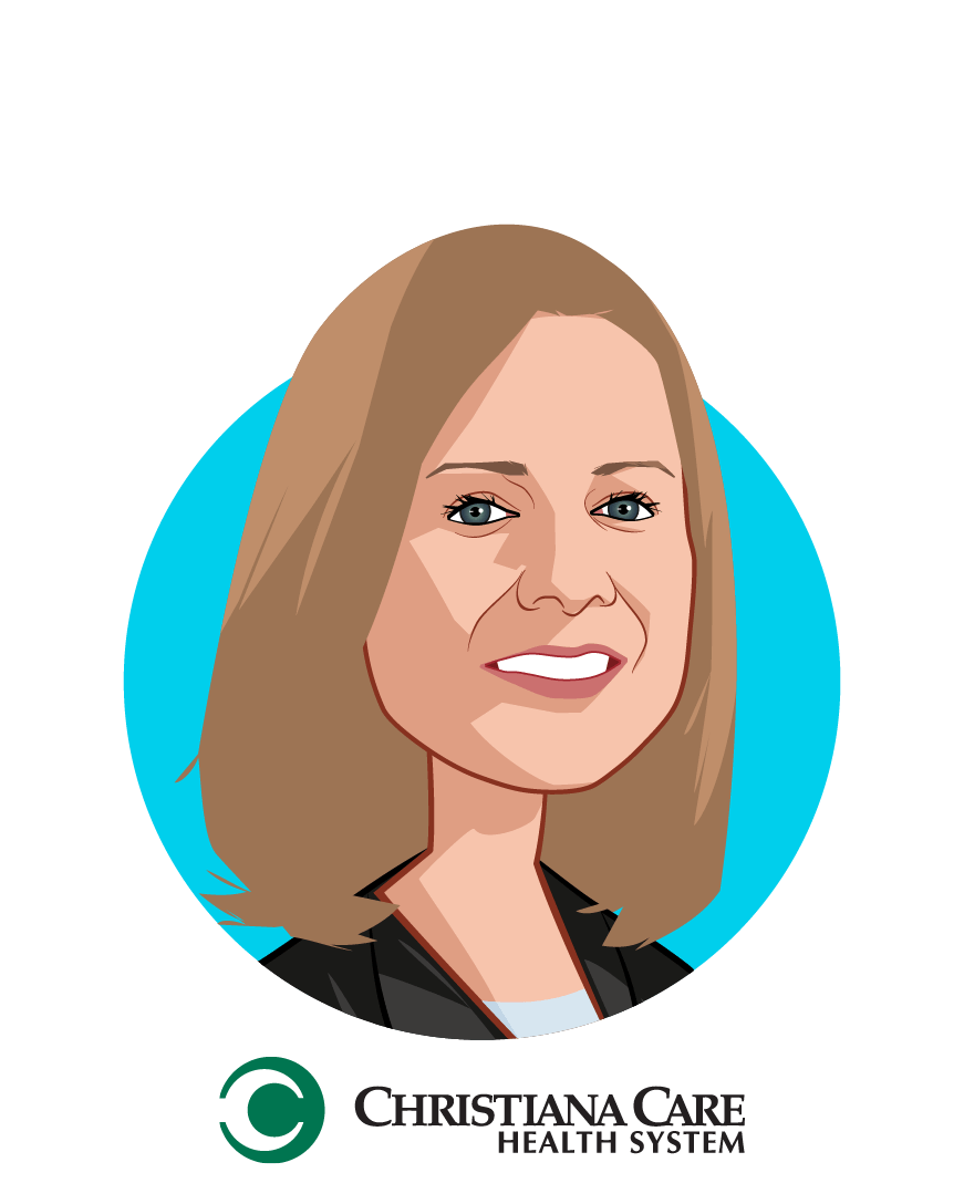 Main caricature of Janice E. Nevin, M.D., MPH, who is speaking at HLTH and is President and Chief Executive Officer at Christiana Care Health System