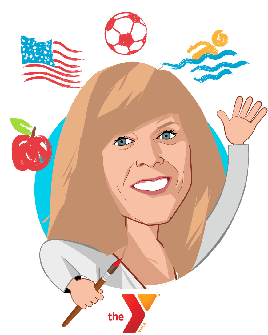 Overlay caricature of Katie Adamson, who is speaking at HLTH and is Vice President, Health Partnerships and Policy at YMCA of the USA