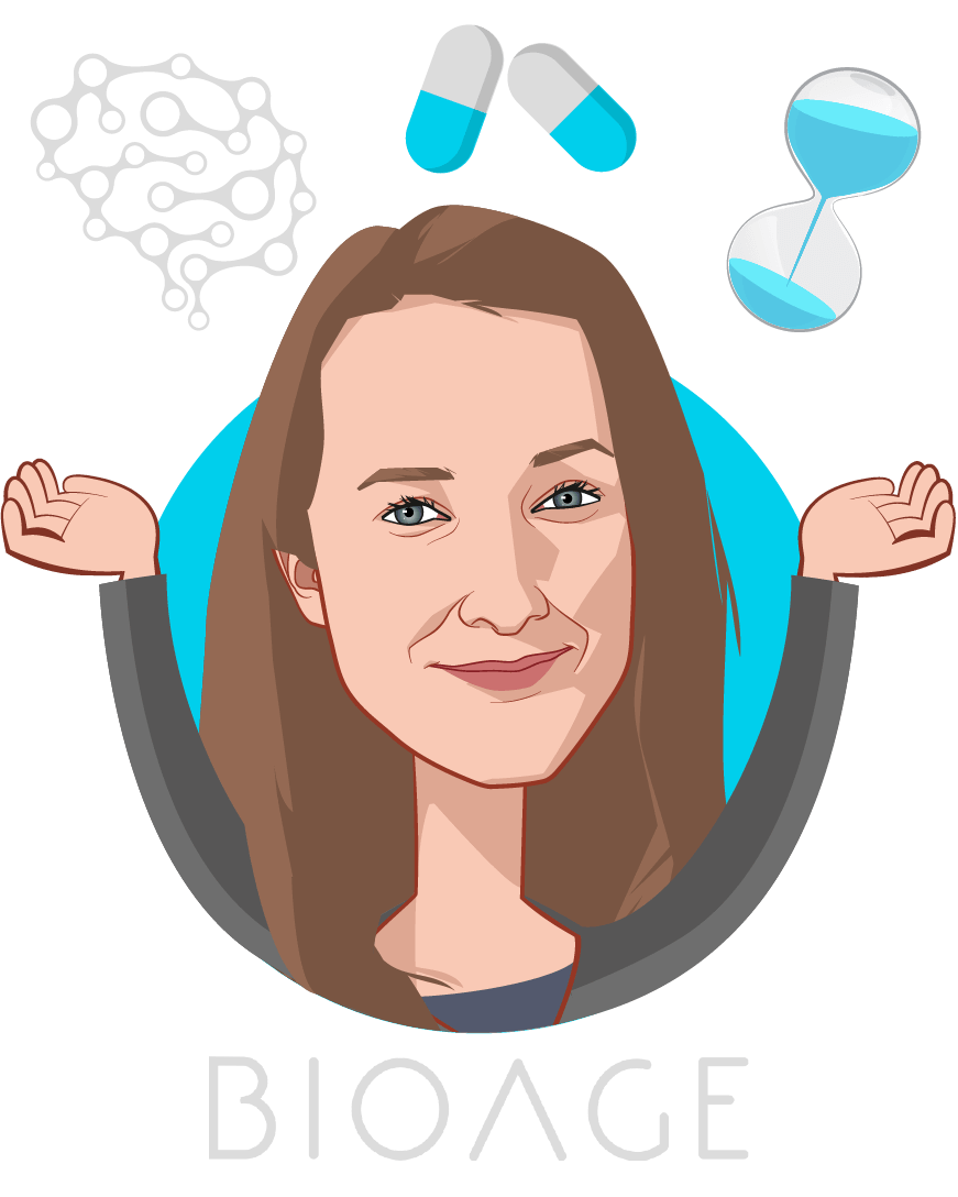 Overlay caricature of Kristen Fortney, who is speaking at HLTH and is CEO at BIOAGE