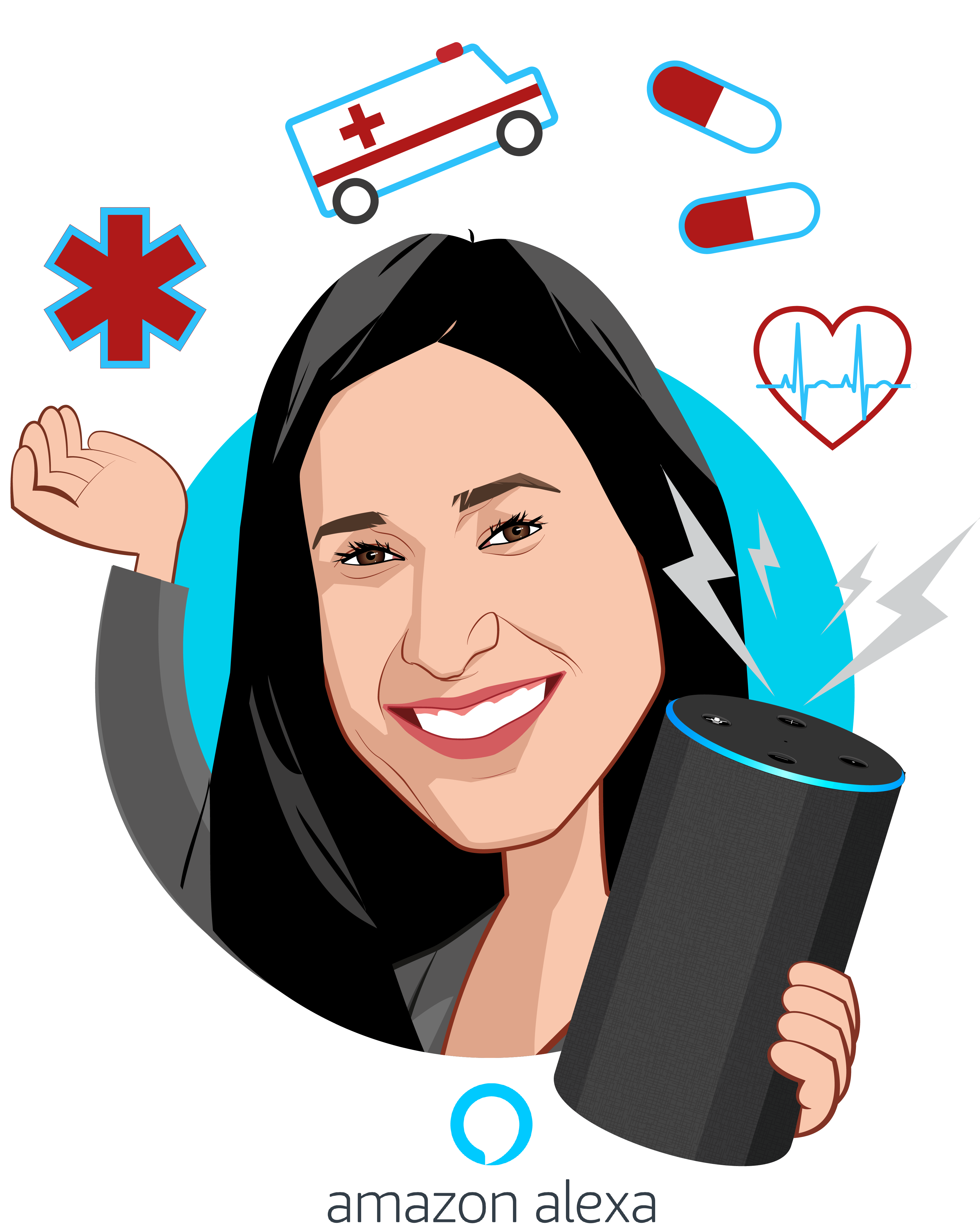 Overlay caricature of Missy Krasner, who is speaking at HLTH and is Strategic Head of Partnerships at Amazon