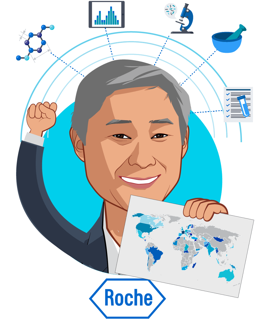 Overlay caricature of Ron Park, who is speaking at HLTH and is Vice President, Global Product Strategy, Head for Personalised Healthcare at Roche