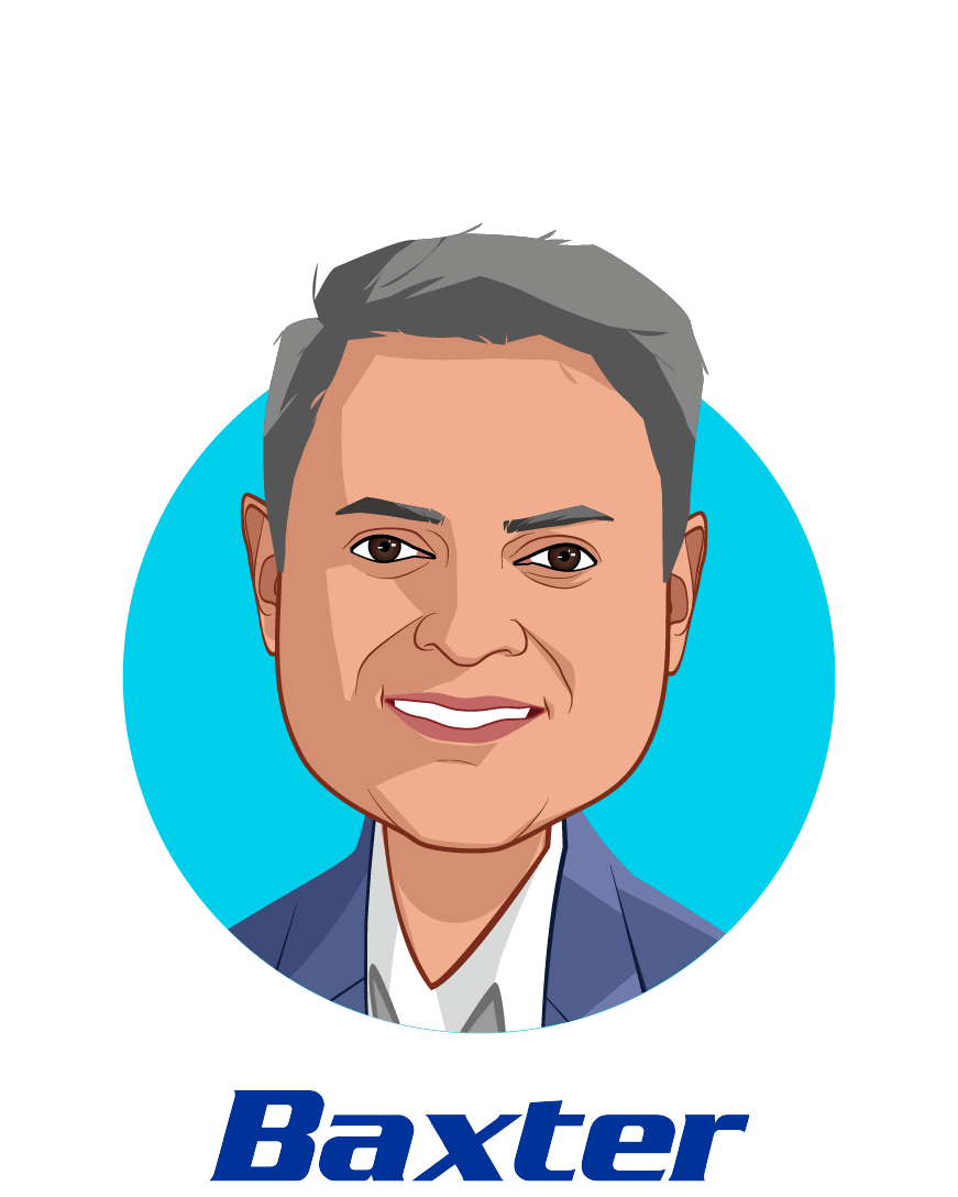 Main caricature of Sumant Ramachandra, M.D., Ph.D., who is speaking at HLTH and is  President, Pharmaceuticals and Chief Science & Technology Officer at Baxter International Inc.