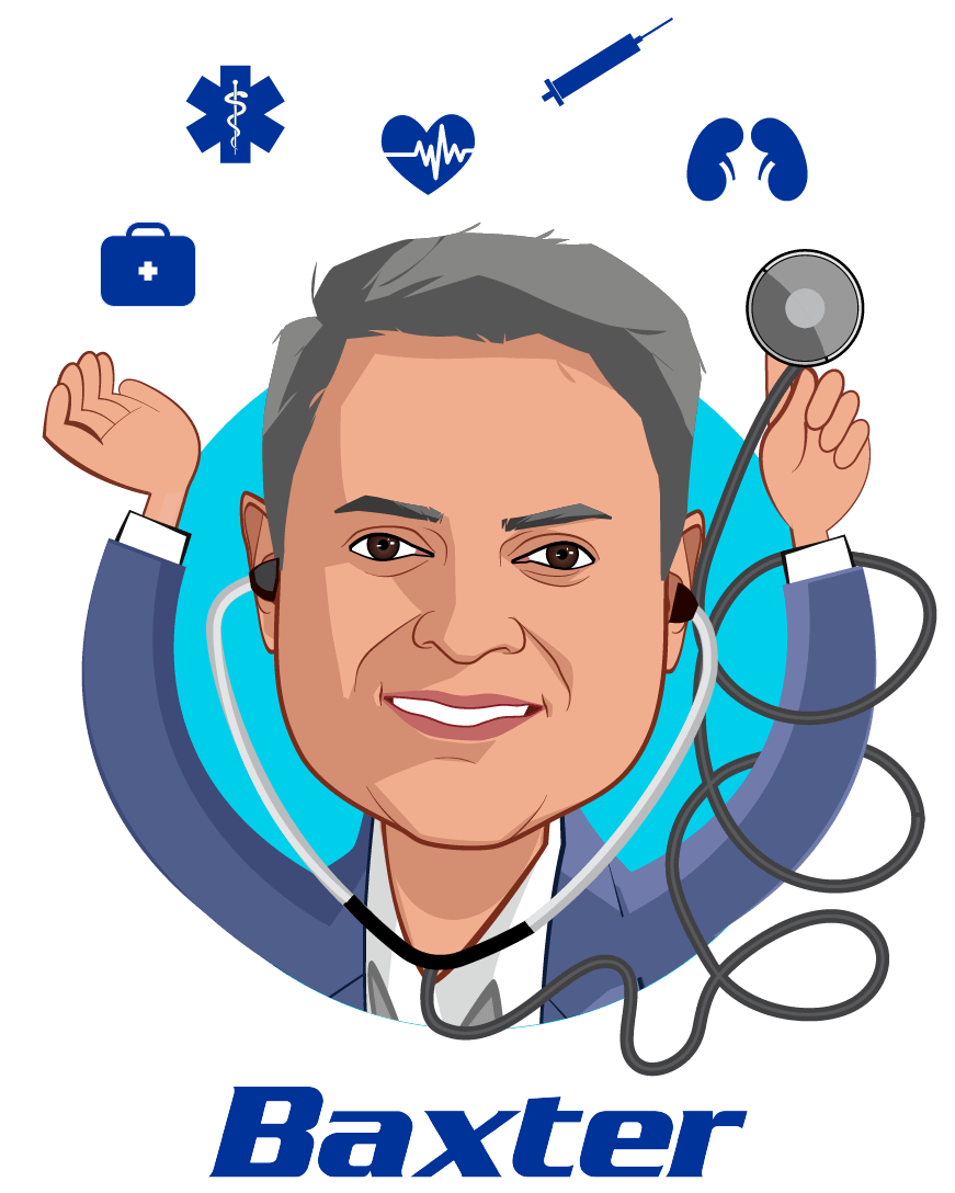 Overlay caricature of Sumant Ramachandra, M.D., Ph.D., who is speaking at HLTH and is  President, Pharmaceuticals and Chief Science & Technology Officer at Baxter International Inc.