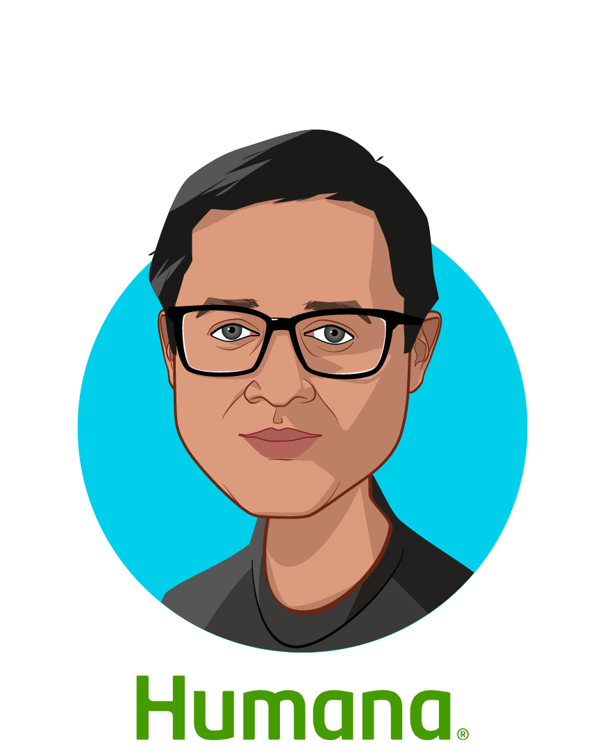 Main caricature of Vishwanathan Krishnamoorthy, who is speaking at HLTH and is Chief Product & Experience Officer - Humana Edge at Humana