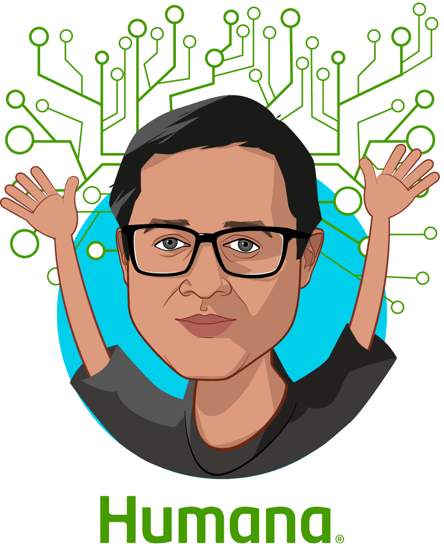 Overlay caricature of Vishwanathan Krishnamoorthy, who is speaking at HLTH and is Chief Product & Experience Officer - Humana Edge at Humana