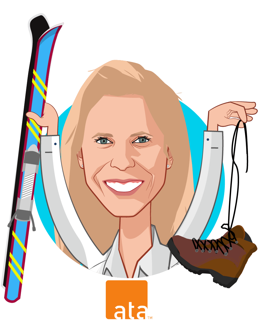 Overlay caricature of Ann Mond Johnson, who is speaking at HLTH and is CEO at ATA