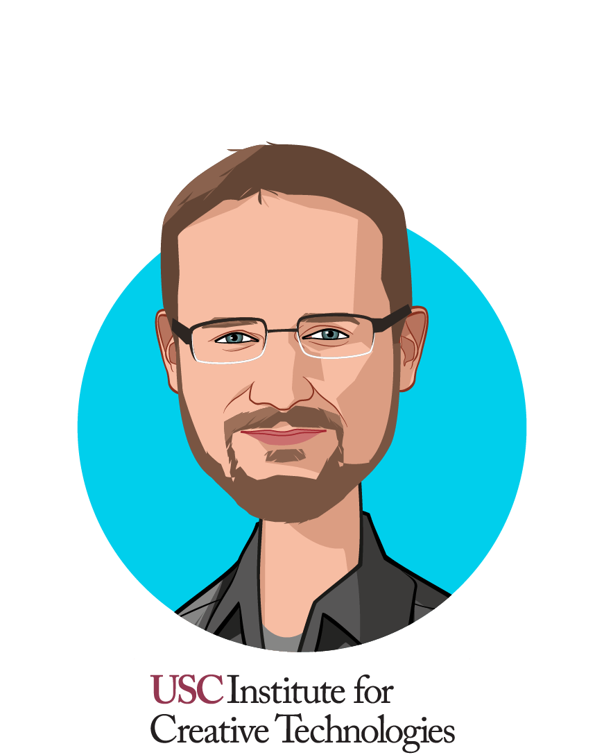 Main caricature of Arno Hartholt, who is speaking at HLTH and is Director of R&D Integration at USC Institute for Creative Technologies