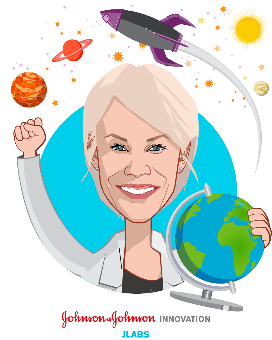 Overlay caricature of Melinda Richter, who is speaking at HLTH and is Global Head, Johnson & Johnson Innovation  at JLABS