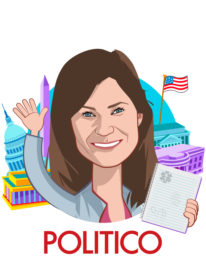 Overlay caricature of Sarah H. Owermohle, who is speaking at HLTH and is Health Care Reporter  at  Politico 