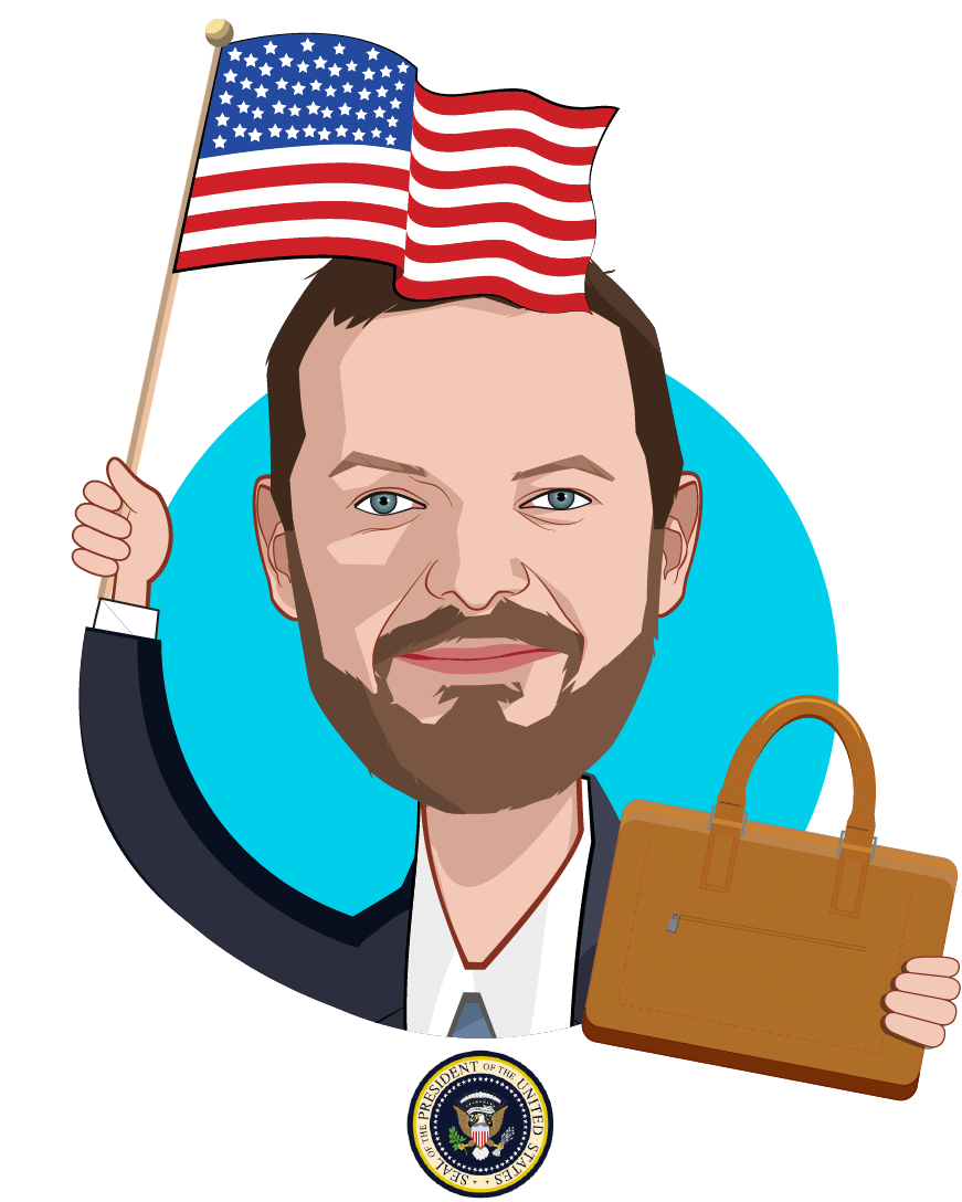 Overlay caricature of Joseph Grogan, who is speaking at HLTH and is Assistant to the President and Director of the Domestic Policy Council at The White House