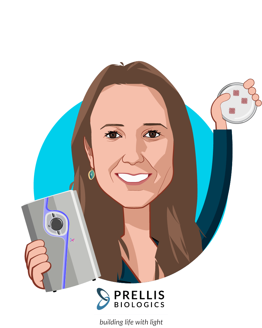 Overlay caricature of Melanie Matheu, who is speaking at HLTH and is CEO + Founder at Prellis Biologics, Inc.