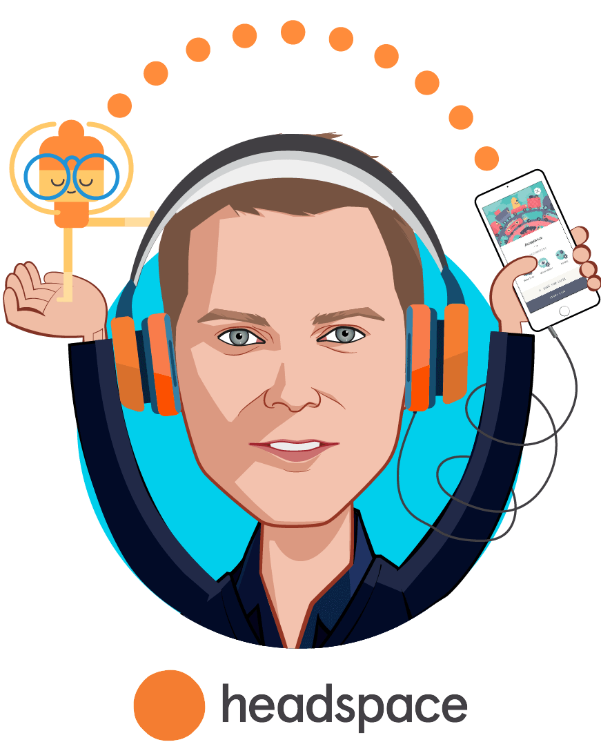 Overlay caricature of Pablo Pantaleoni, who is speaking at HLTH and is Vice President & General Manager, Headspace Health at Headspace