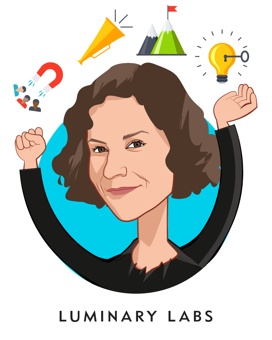 Overlay caricature of Sara Holoubek, who is speaking at HLTH and is CEO at Luminary Labs