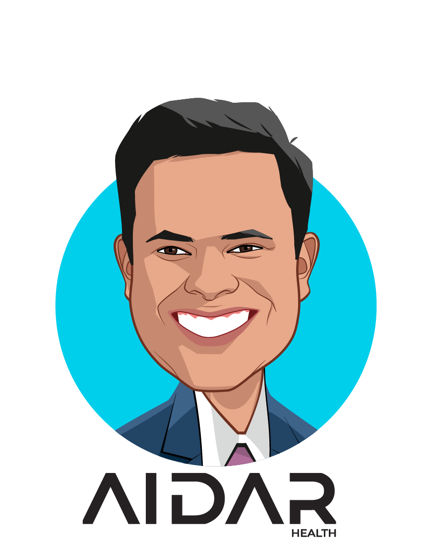 Main caricature of Sathya  Elumalai , who is speaking at HLTH and is CEO at Aidar Health
