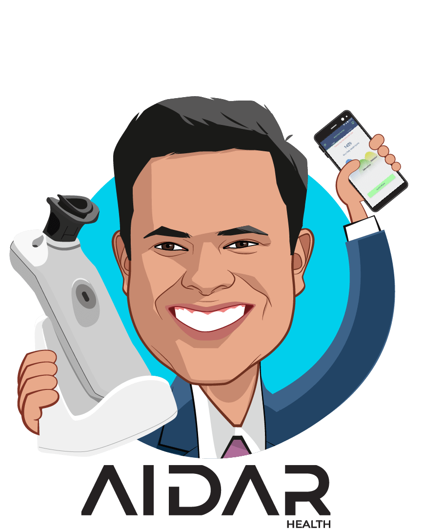 Overlay caricature of Sathya Elumalai, who is speaking at HLTH and is CEO at Aidar Health