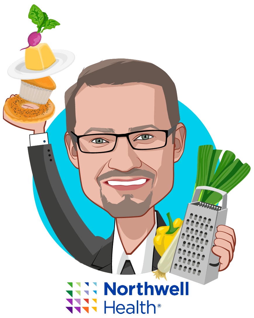 Overlay caricature of Sven Gierlinger, who is speaking at HLTH and is Chief Experience Officer at Northwell Health