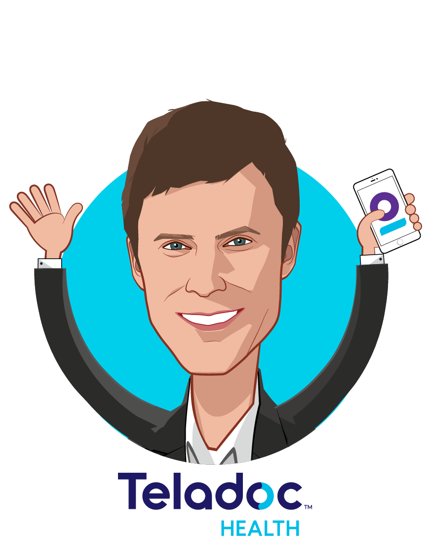 Overlay caricature of David Sides, who is speaking at HLTH and is COO at Teladoc Health