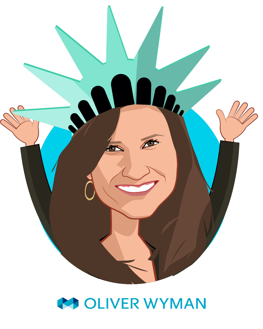 Overlay caricature of Helen Leis, who is speaking at HLTH and is Partner at Oliver Wyman