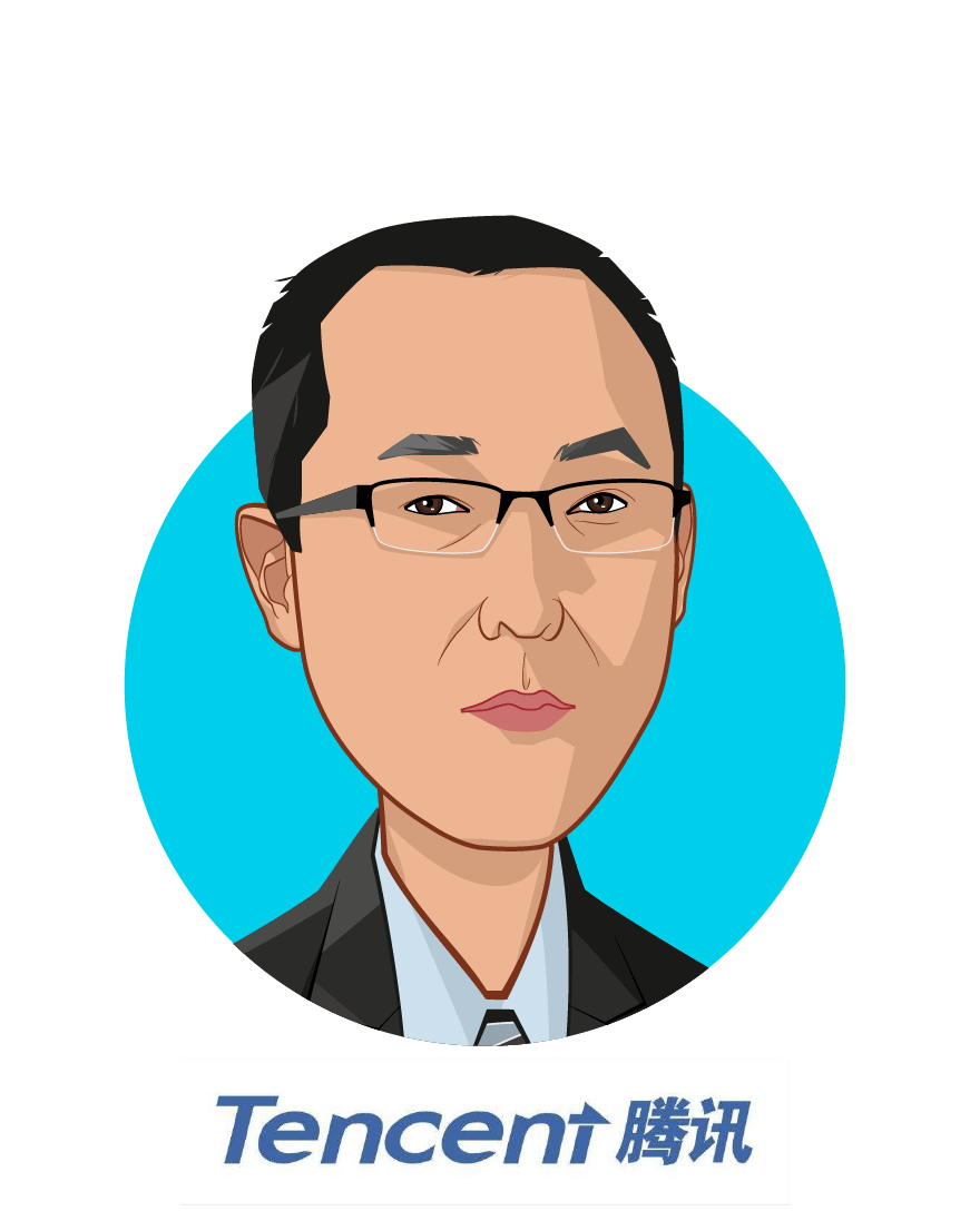 Overlay caricature of Meng Zhang, who is speaking at HLTH and is Vice President at Tencent