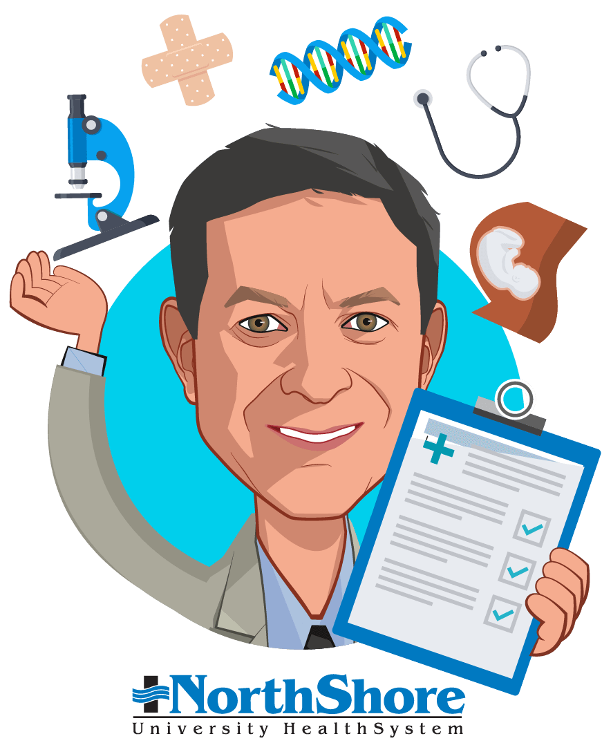 Overlay caricature of Mickey Caplan, who is speaking at HLTH and is Chief Scientific Officer at NorthShore University HealthSystem