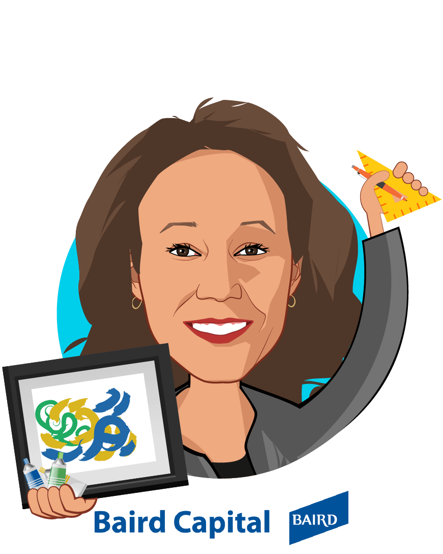 Overlay caricature of Nicole J Walker, who is speaking at HLTH and is Partner at Baird
