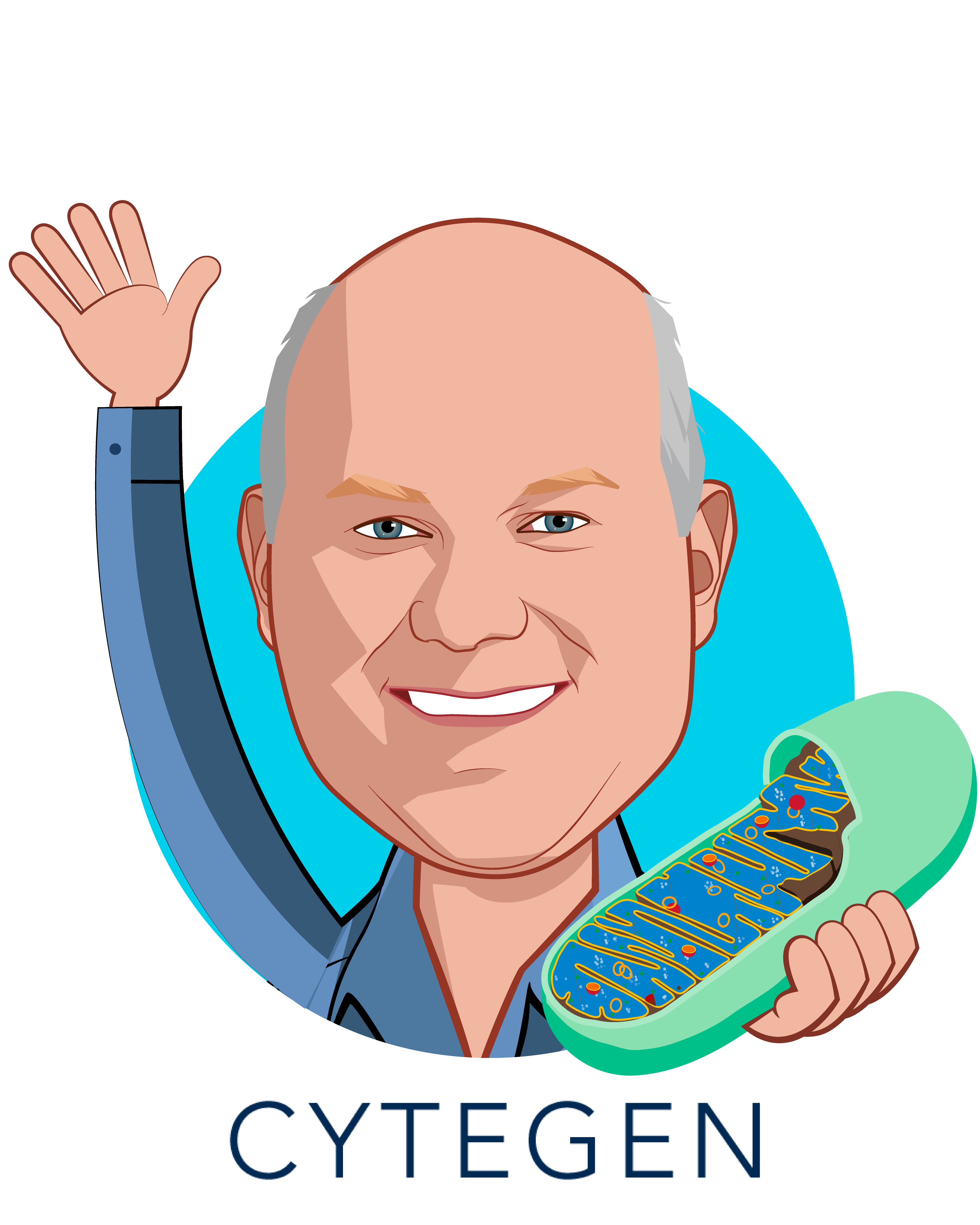 Overlay caricature of R.B. Hill, who is speaking at HLTH and is CSO at Cytegen