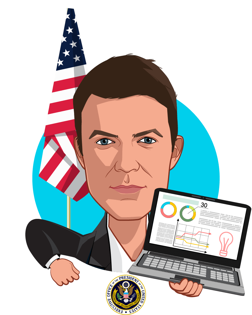 Overlay caricature of Tomas Philipson, who is speaking at HLTH and is Acting Chairman of the Council of Economic Advisers at The White House
