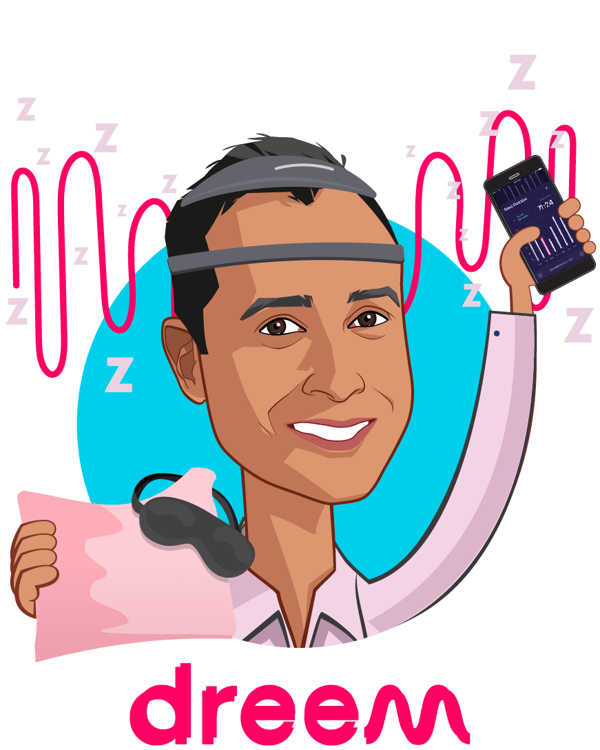 Overlay caricature of Vik Panda, who is speaking at HLTH and is Managing Director for North America at Dreem